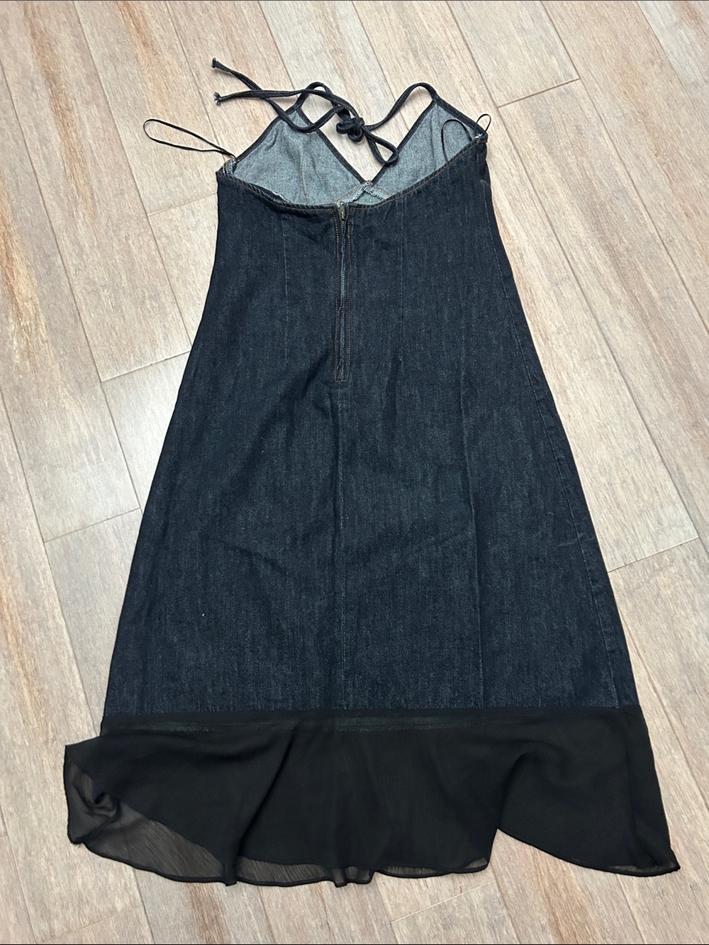 Lioness Black Halter Indigo Denim Midi Dress with Sheer Hem halter neck size S - Picture 2 of 13